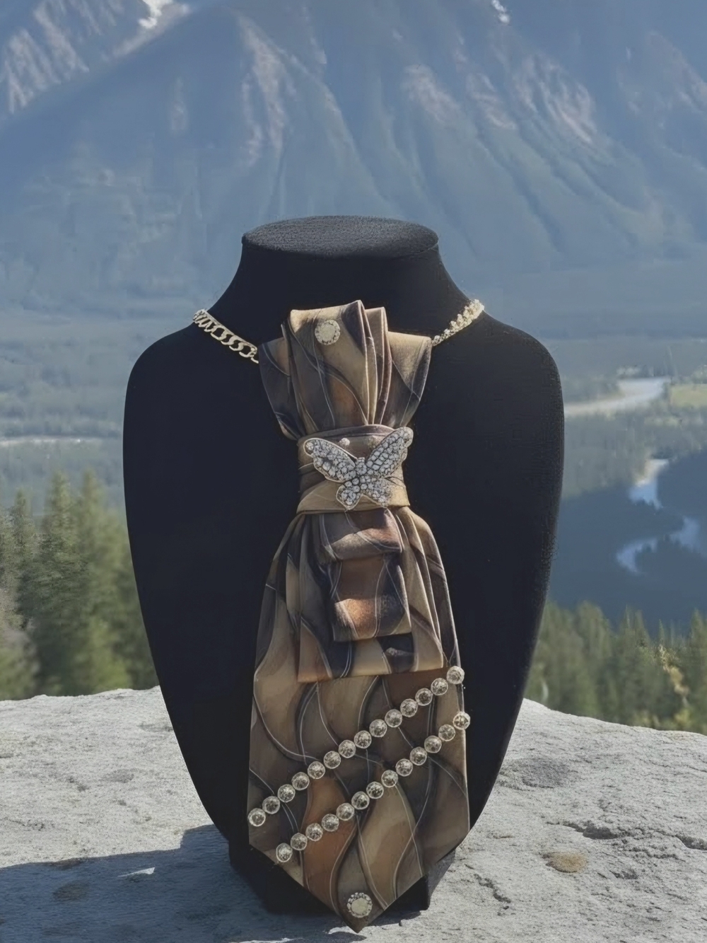 Elegant Brown-Pearl Statement Necklace Scarf with Rhinestone Butterfly Accent
